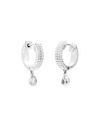 Nijma M Fine Jewelry White Gold Fluted Hoop Earrings feature dangling diamond charms and are displayed on a white background.