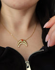 18K yellow gold fluted moon with coral gemstone and natural round brilliant diamonds pendant necklace