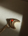 18K yellow gold fluted moon with coral gemstone and natural round brilliant diamonds pendant necklace