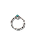 The Linea Eye - Evil Eye White Gold Ring by Nijma M Fine Jewelry features a twisted band and a small turquoise center stone in a claw-like setting, shown against a white background.