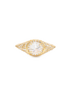 The Up Signet Ring by Nijma M Fine Jewelry boasts intricate and delicate filigree detailing around a large, central, round-cut diamond. Crafted from 18K yellow gold, its design is ornate and symmetrical, emphasizing the brilliance of the diamond at its center. The background is plain white.