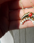 18K yellow gold fluted moon with coral gemstone and natural round brilliant diamonds pendant necklace