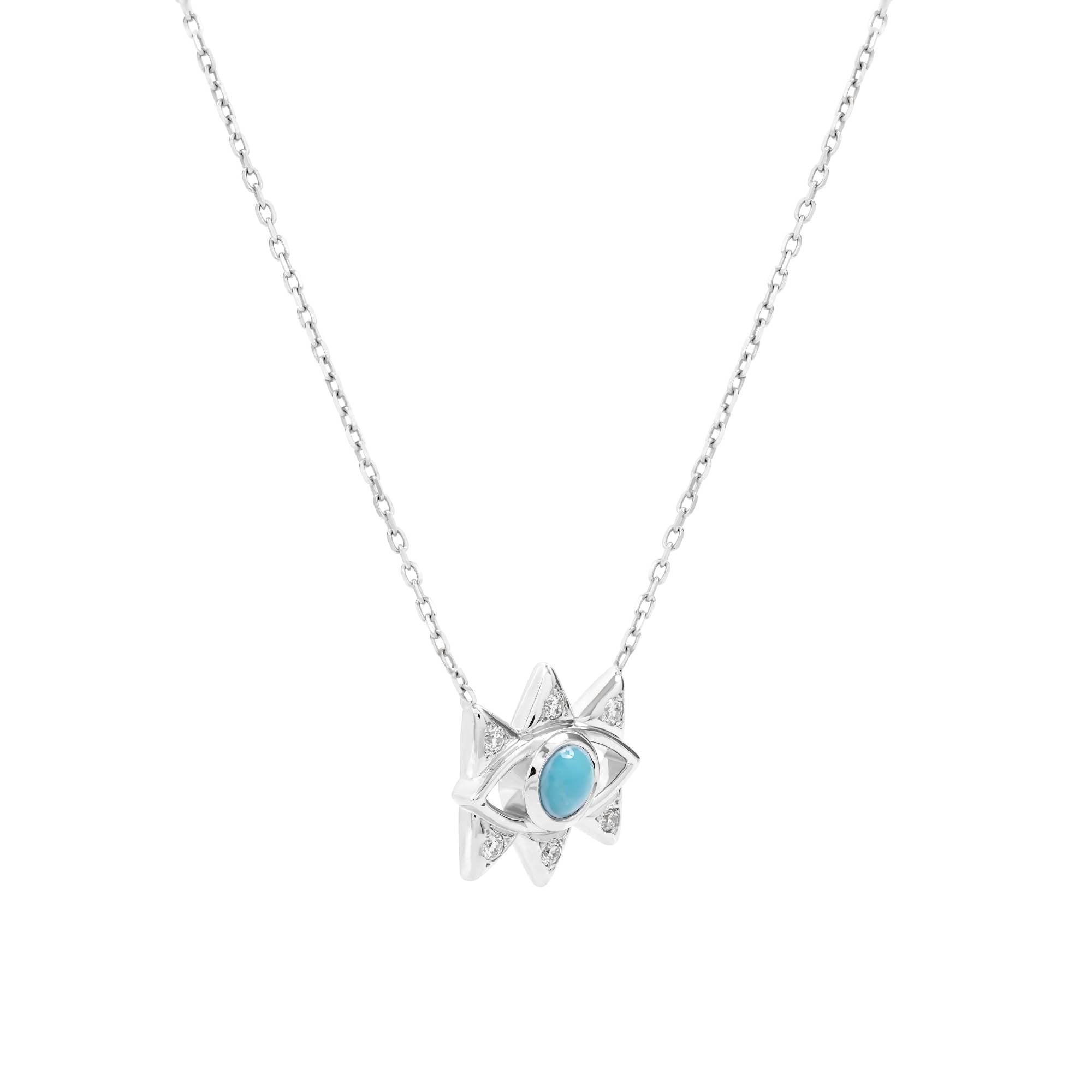 The Small White Gold Evil Eye Necklace by Nijma M Fine Jewelry features a turquoise gemstone pendant in an eye-shaped design layered over a six-pointed star, hanging from a thin, elegant chain. Set against a plain white background.