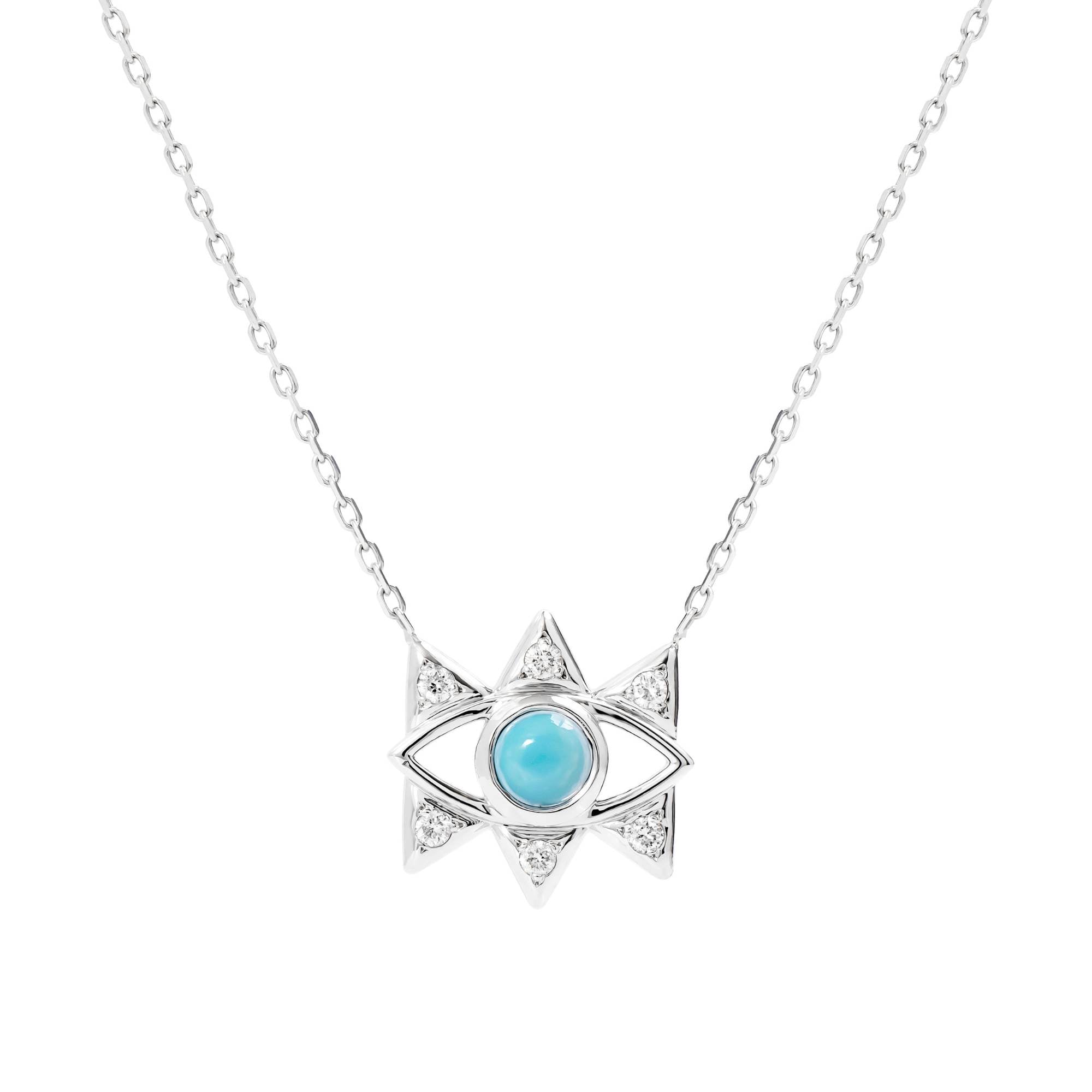 The Small White Gold Evil Eye Necklace by Nijma M Fine Jewelry features a central turquoise gemstone, triangular accents with clear stones, and is set on a delicate chain.