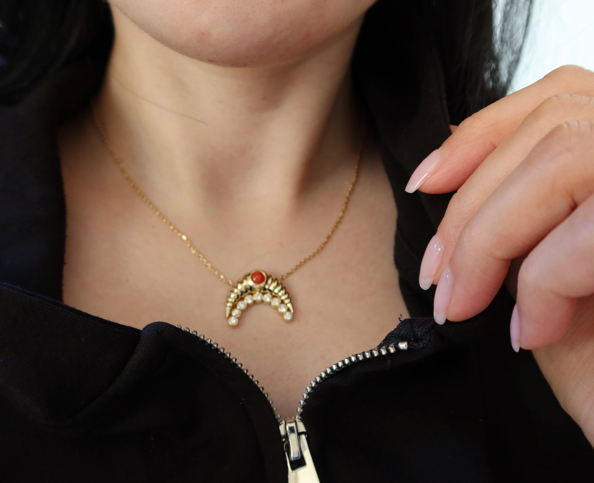18K yellow gold fluted moon with coral gemstone and natural round brilliant diamonds pendant necklace