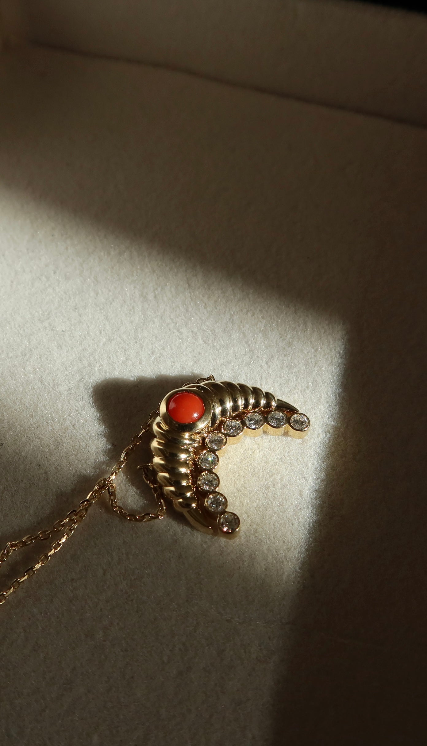 18K yellow gold fluted moon with coral gemstone and natural round brilliant diamonds pendant necklace