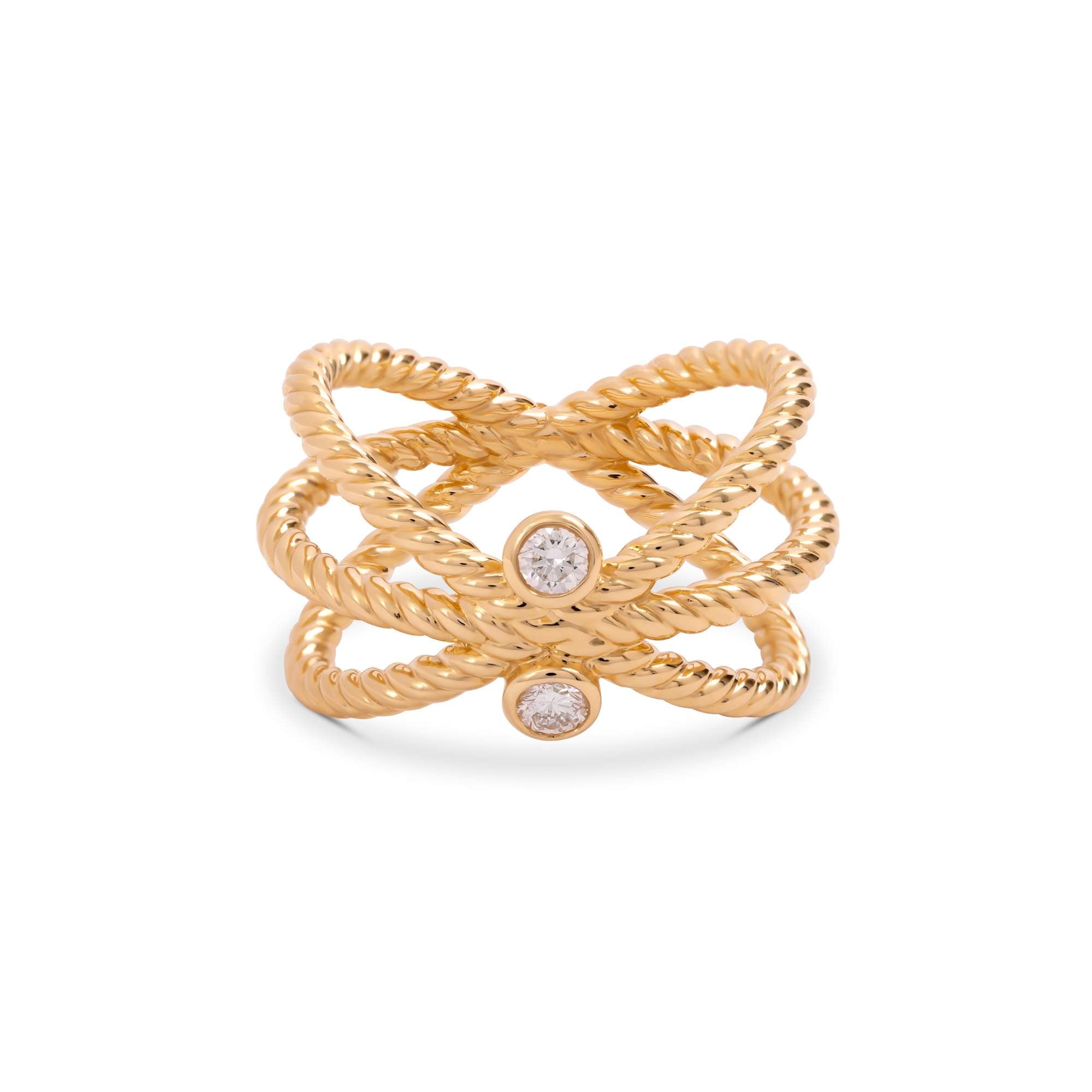 The Yellow Gold Triple Band Cross Diamond Ring by Nijma M Fine Jewelry features three twisted yellow gold bands with two round diamonds at the intersections—a bold statement piece.