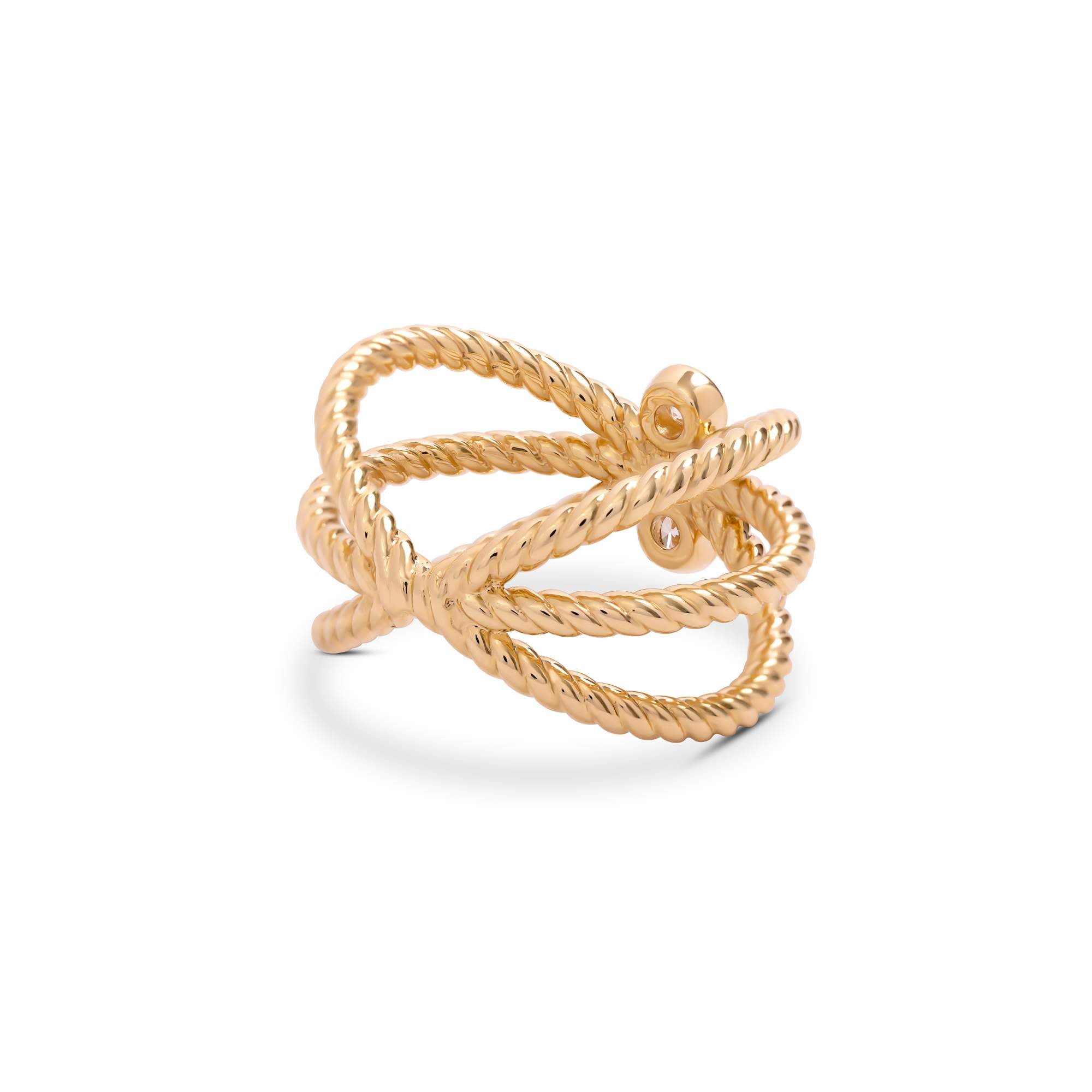 The Yellow Gold Triple Band Cross Diamond Ring by Nijma M Fine Jewelry features three intersecting bands and a diamond accent, showcased on a white background—ideal for statement jewelry lovers.