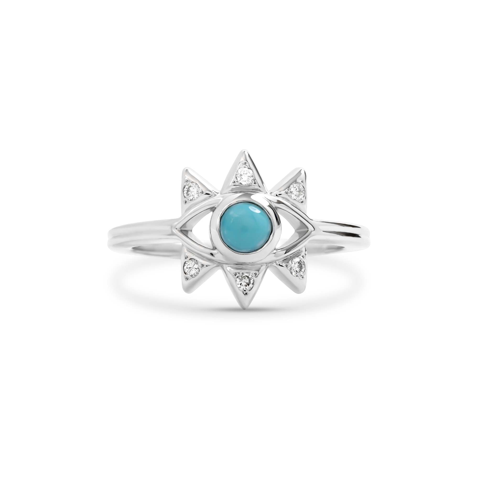 Silver ring with a turquoise stone on a white background