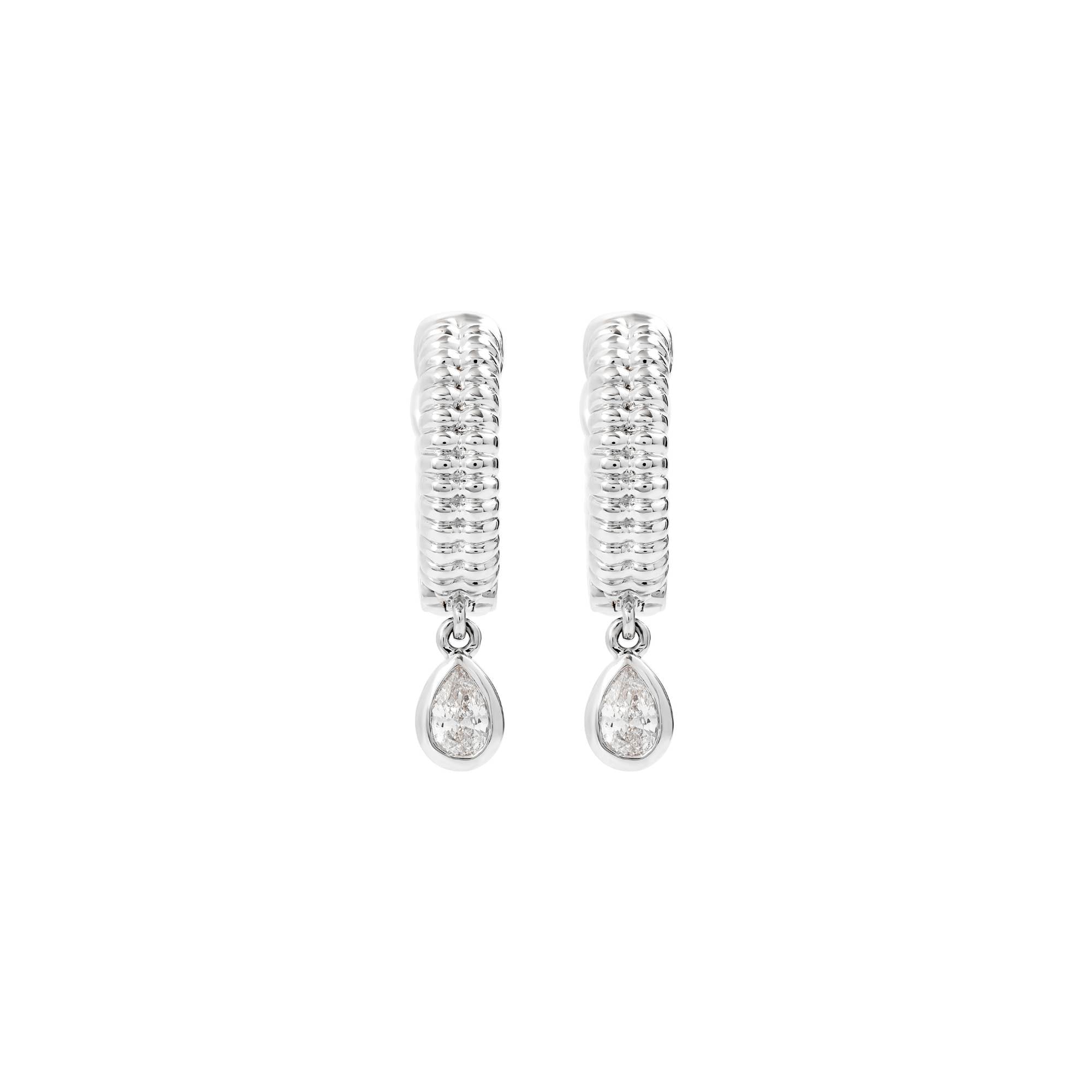 Nijma M Fine Jewelry's White Gold Fluted Hoop Earrings feature a ribbed texture and teardrop-shaped natural diamond dangles, shown against a plain white background.