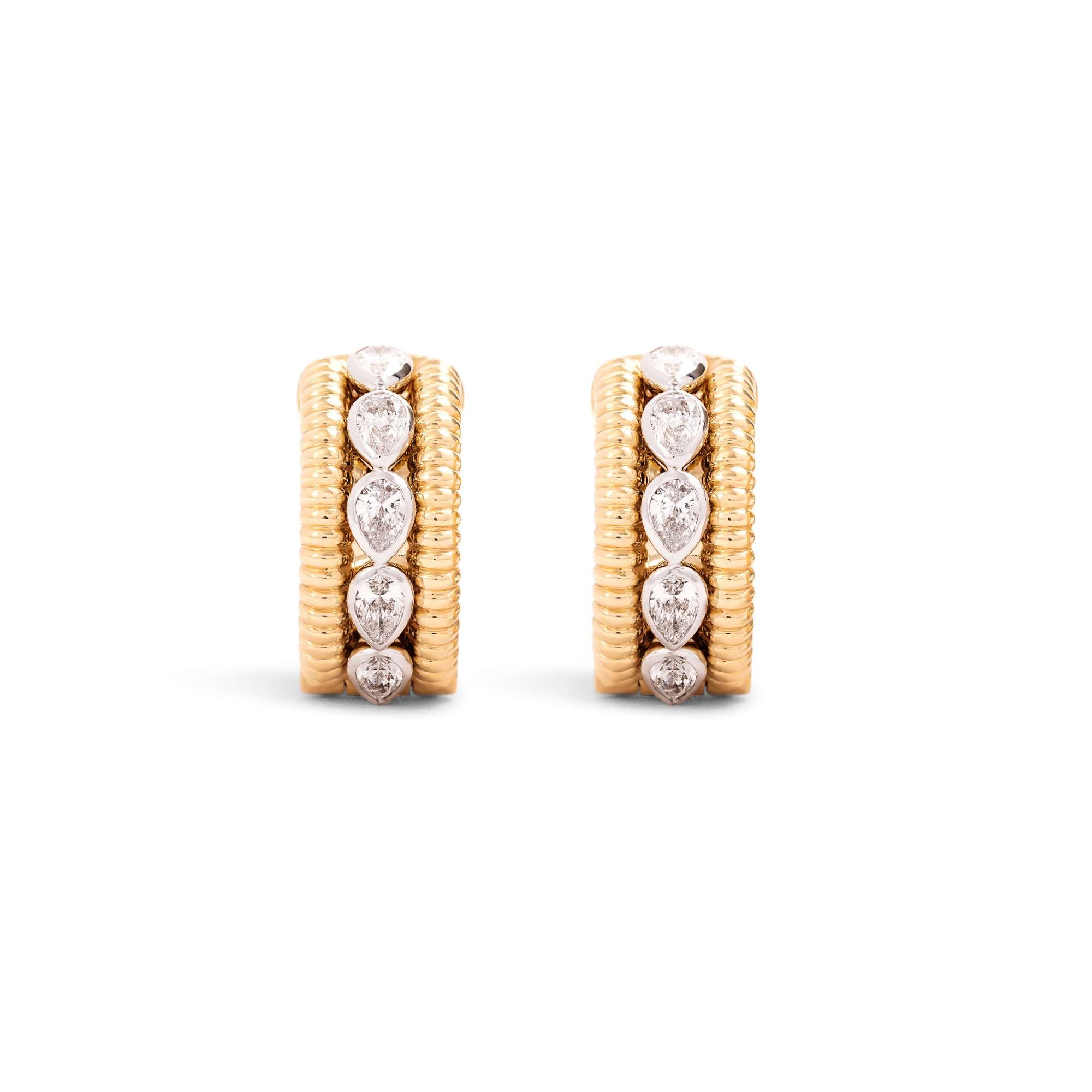 The Small Diamond Hoop Earrings by Nijma M Fine Jewelry are 18K gold huggies with a ribbed texture and a vertical row of five pear-shaped diamonds, shown against a plain white background.
