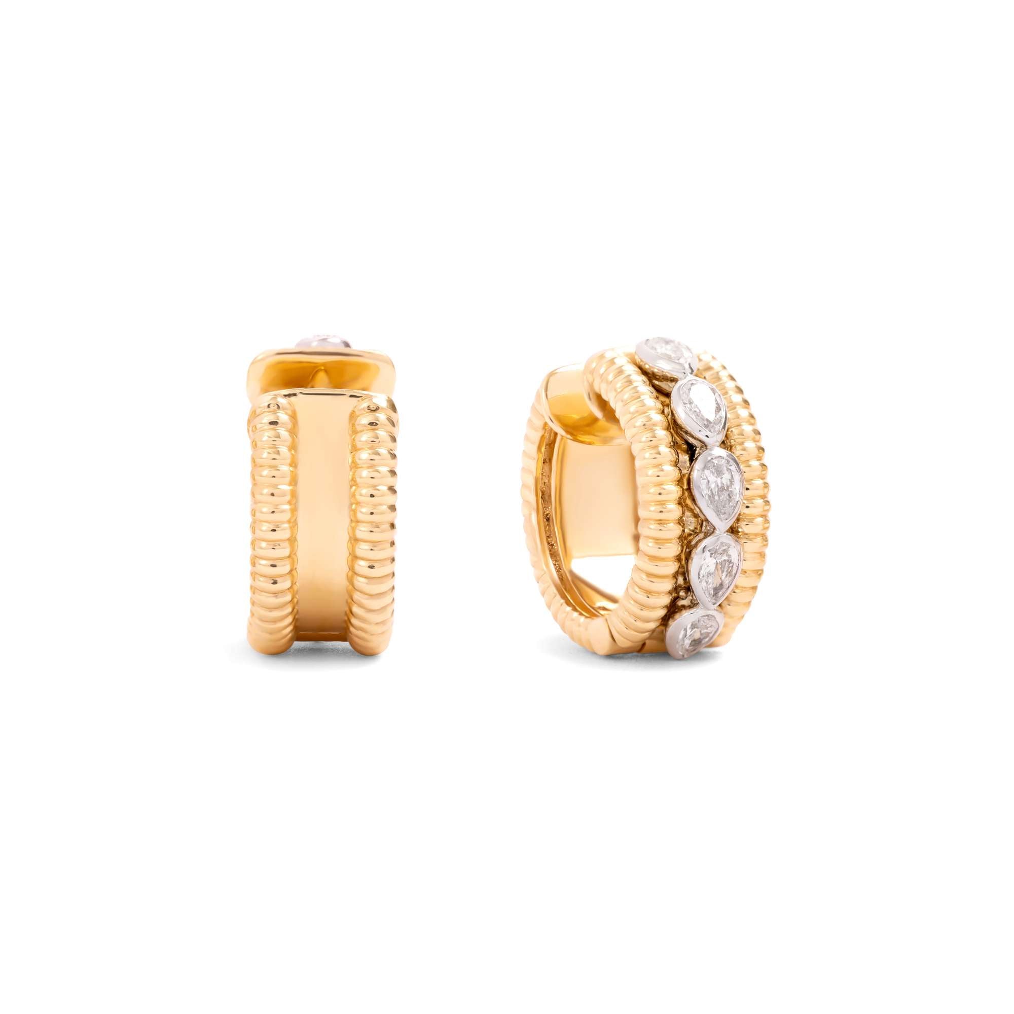 Small Diamond Hoop Earrings by Nijma M Fine Jewelry in 18K gold feature a textured ribbed design with five marquise-cut white gemstones set on the front, evoking classic diamond hoops. Displayed from front and side on a white background.