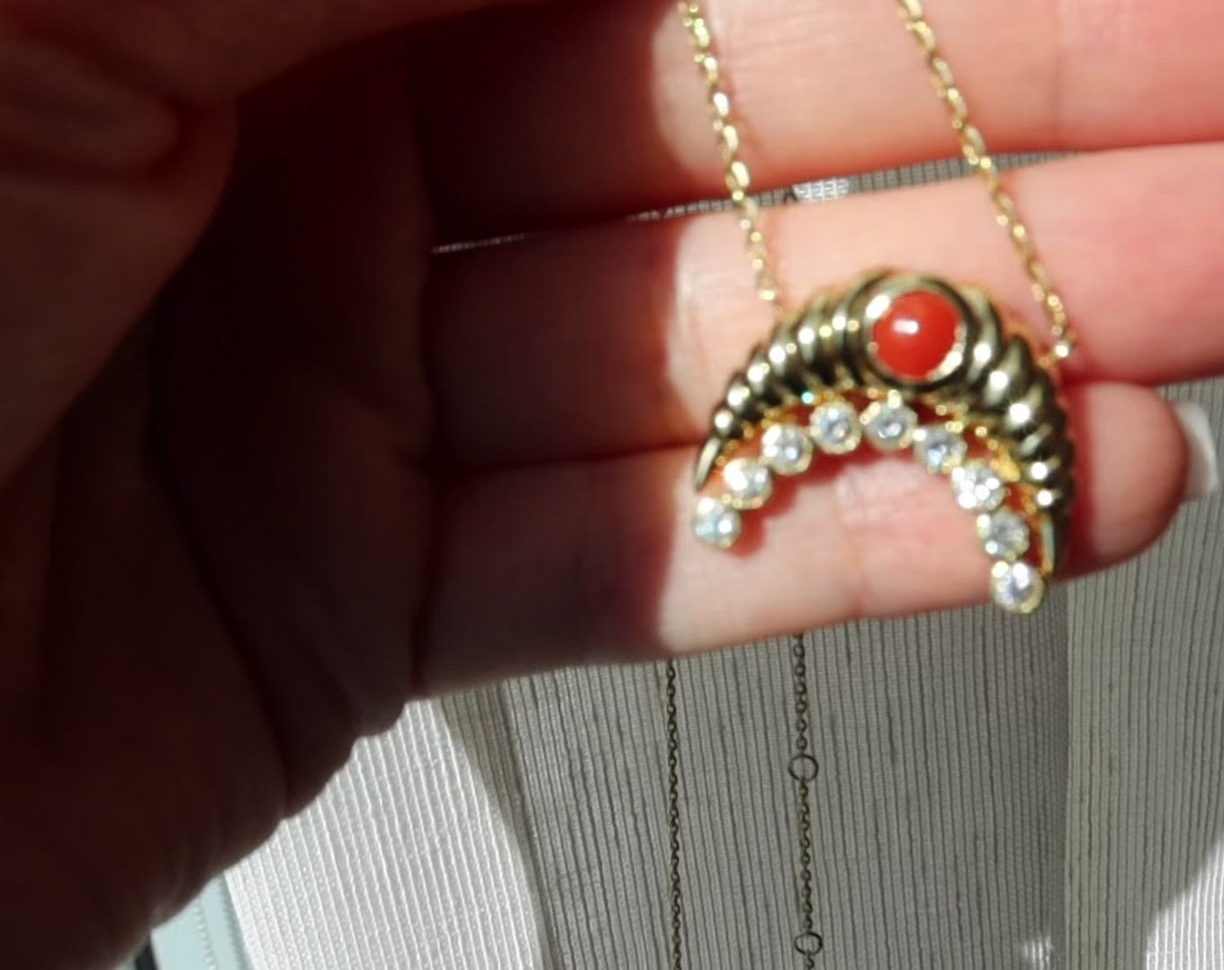 18K yellow gold fluted moon with coral gemstone and natural round brilliant diamonds pendant necklace