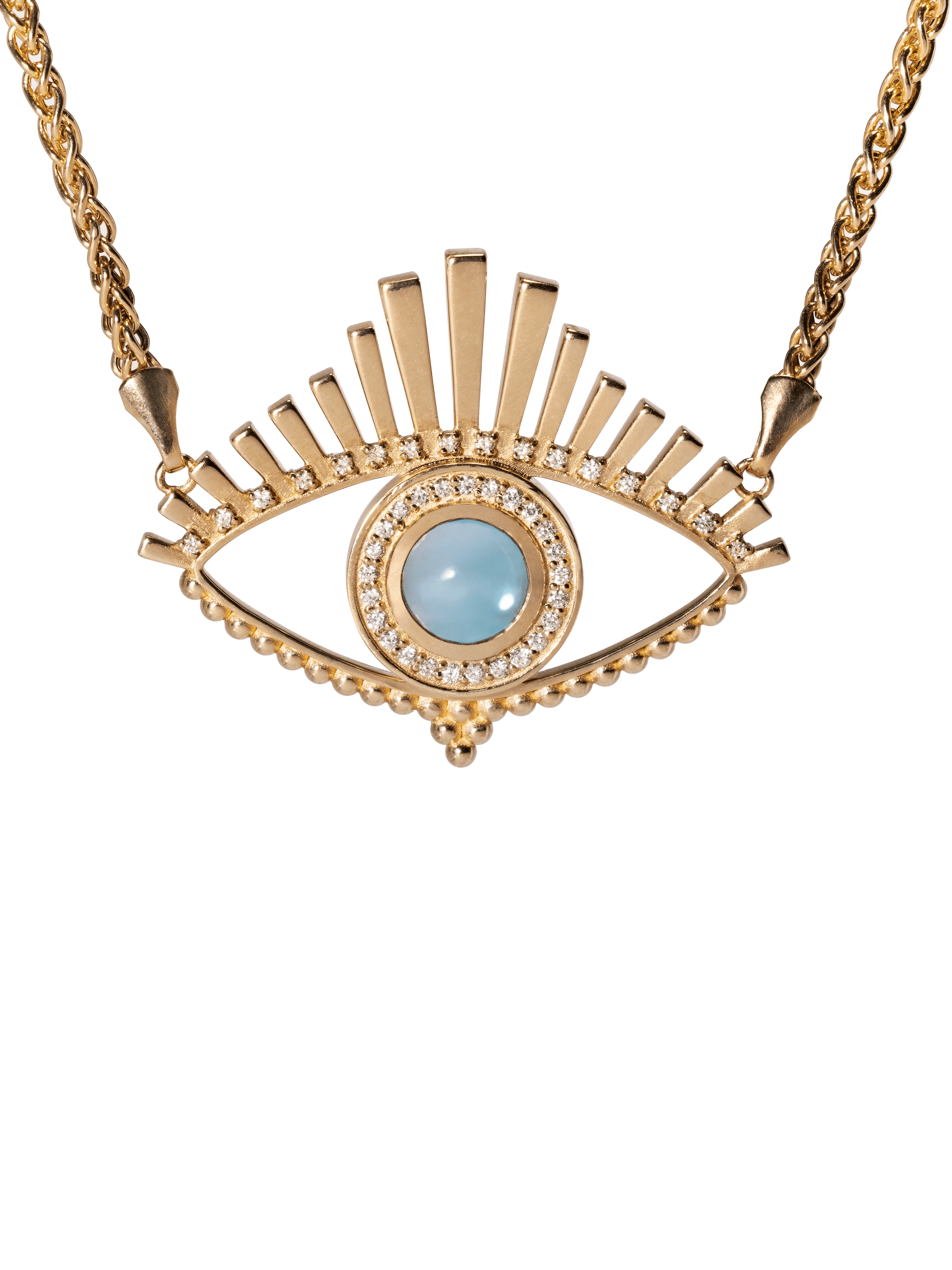 Diamond gold blue topaz evil eye pendant necklace.