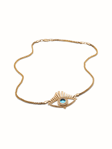 Diamond gold blue topaz evil eye pendant necklace. 