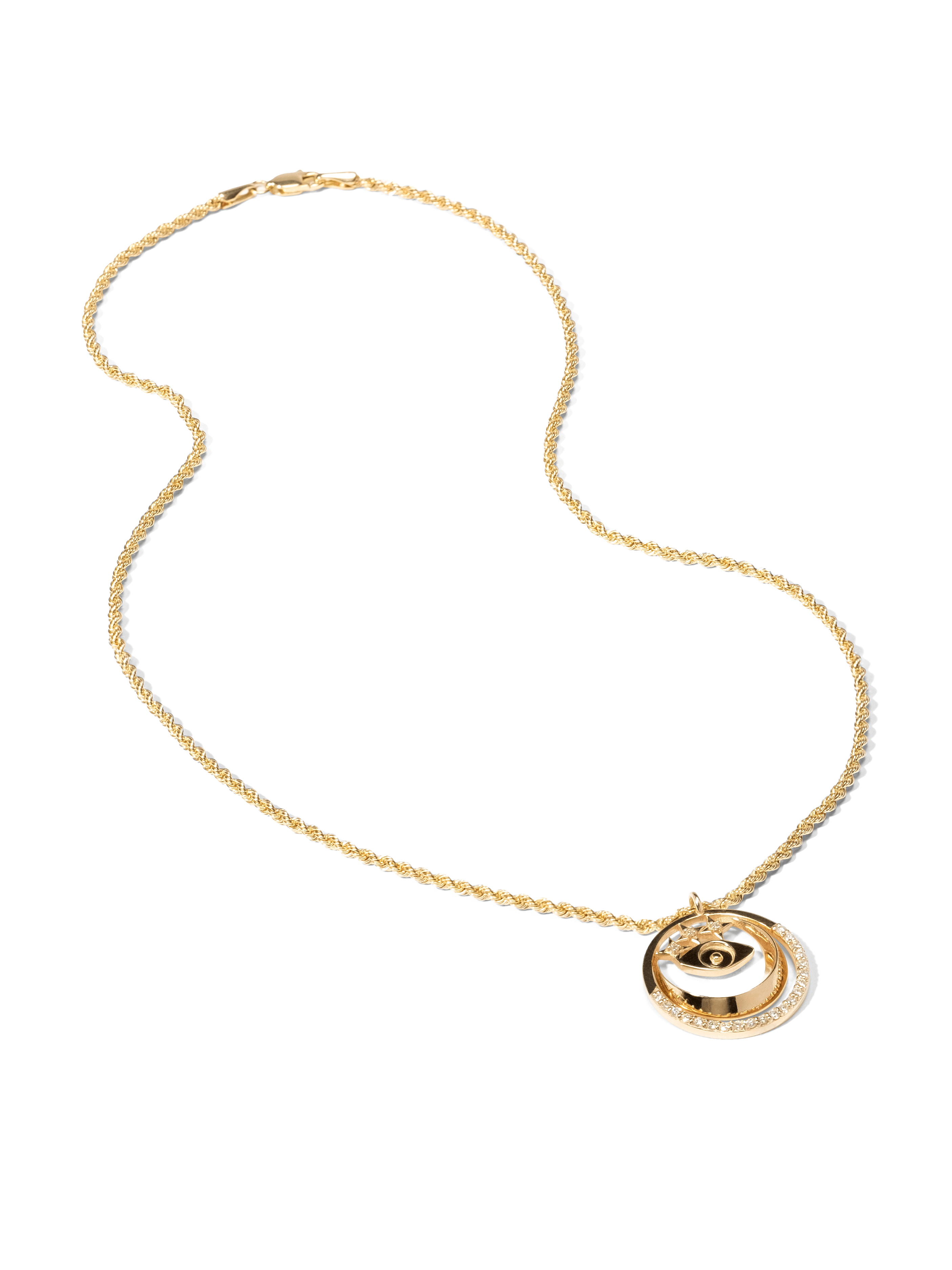 evil eye, moon, stars yellow gold diamond pendant necklace