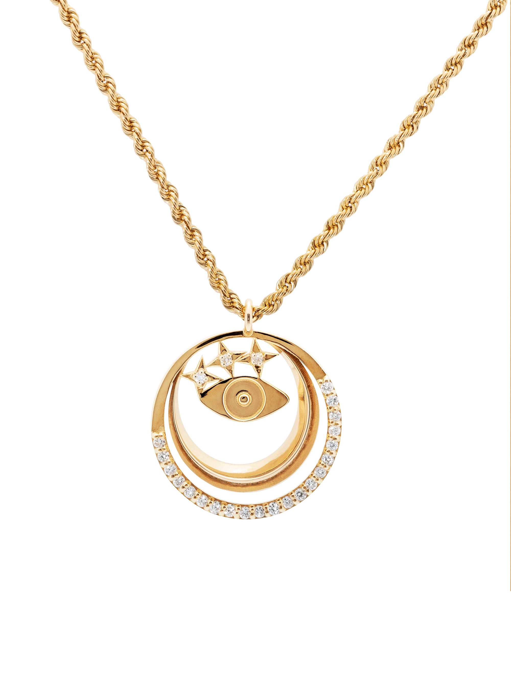 evil eye, moon, stars yellow gold diamond pendant necklace