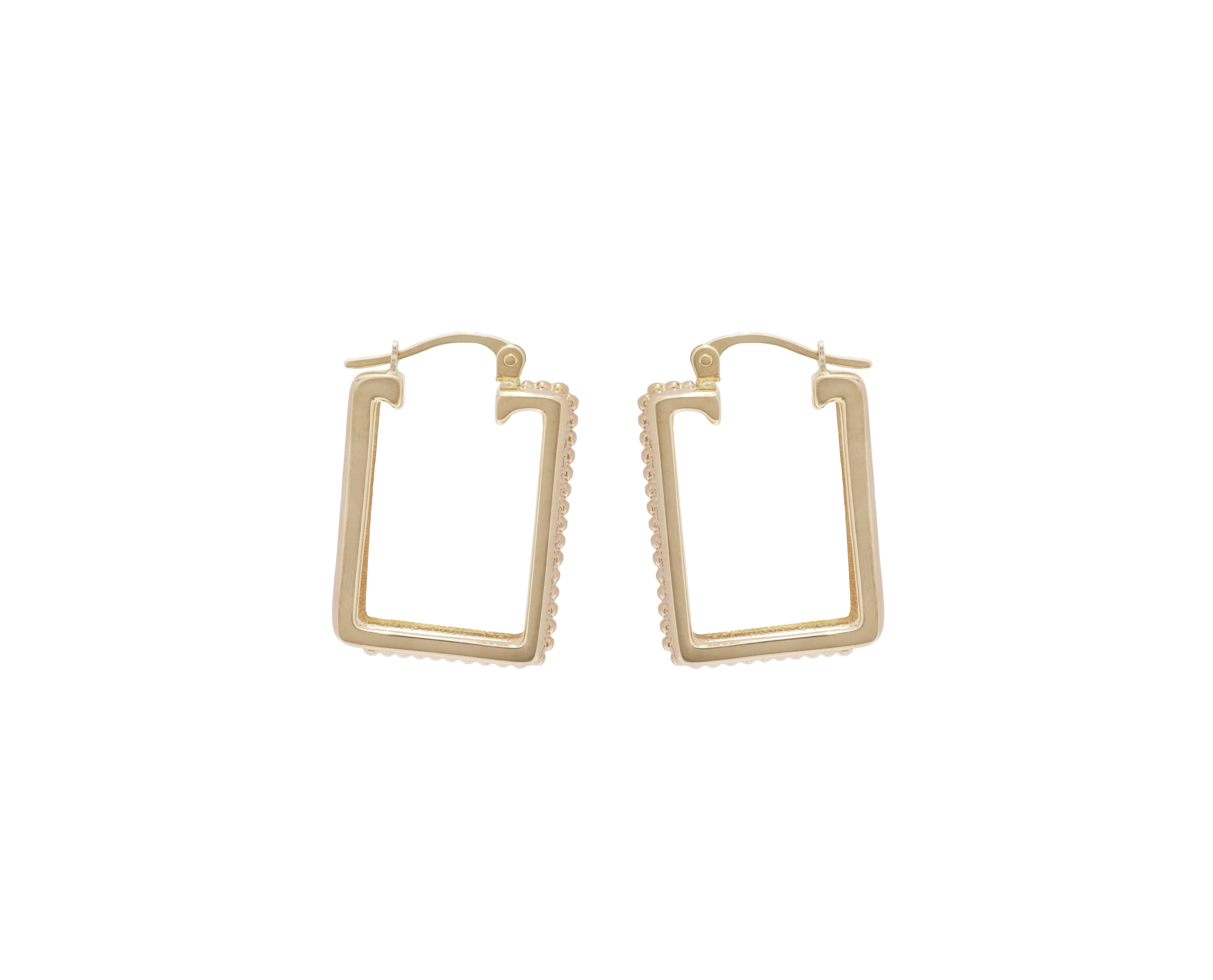 yellow gold square hoop earrings with double row of diamonds side view