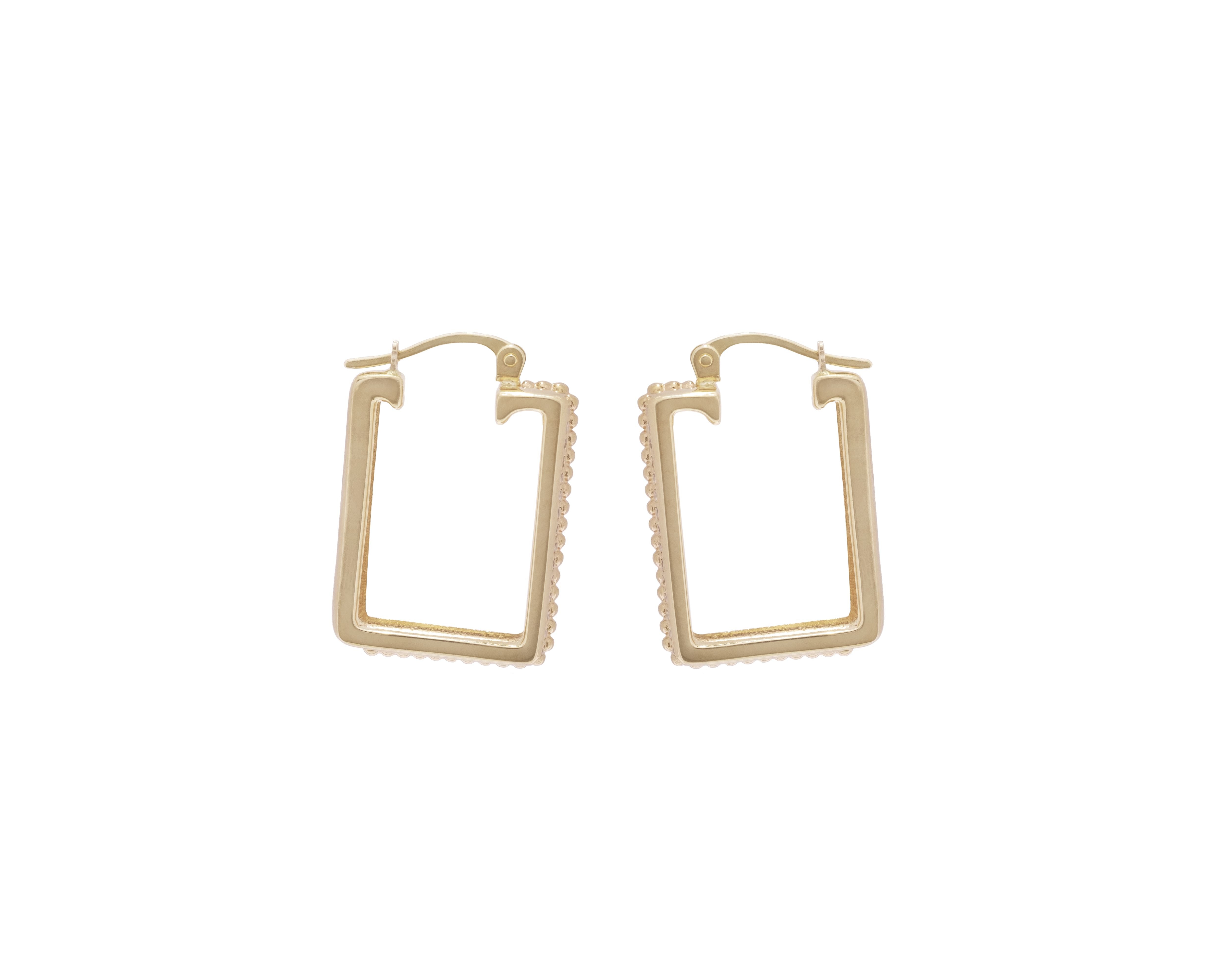 yellow gold square hoop earrings with double row of diamonds side view